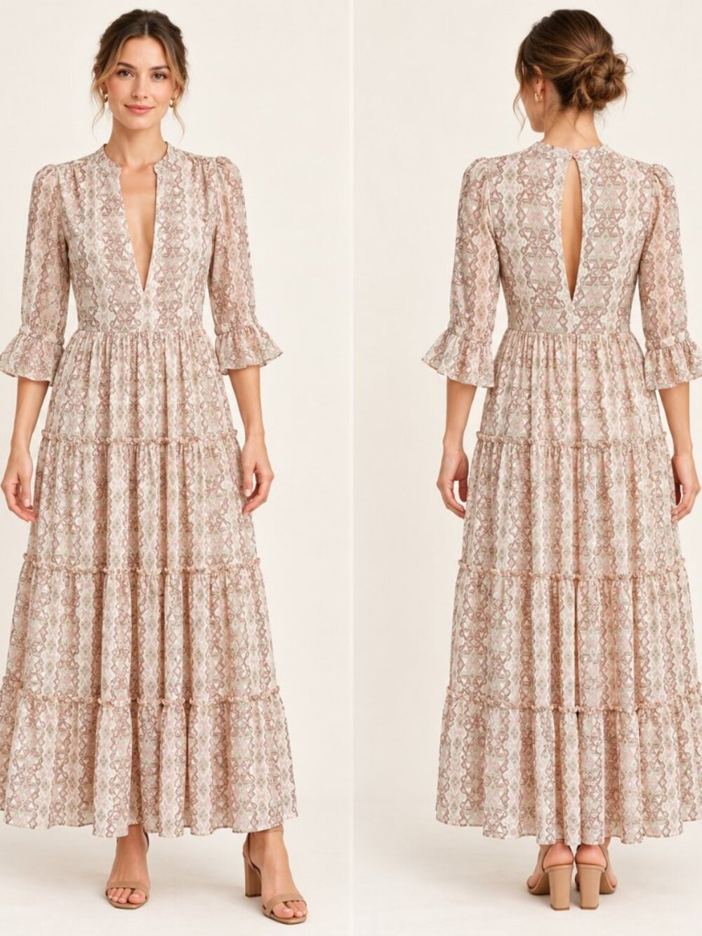 Elan Boho Maxi Dress Small Pink Sage Geometric Tiered Ruffle Sleeve Plunge
